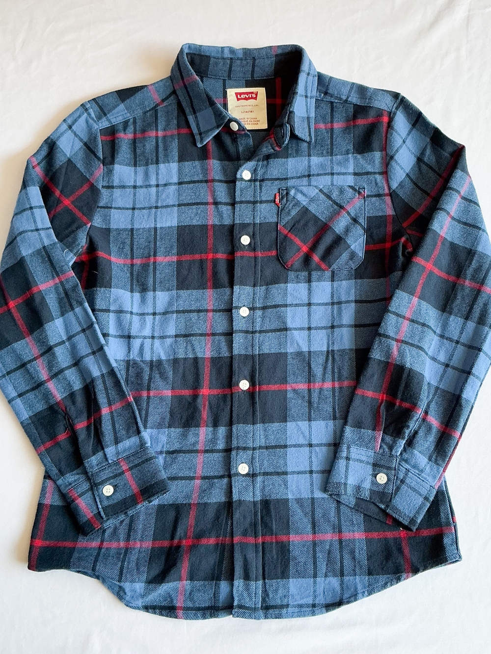 Levi's Boys Plaid Flannel Shirt Blue And Red Long Sleeve Button Size L 14/16
